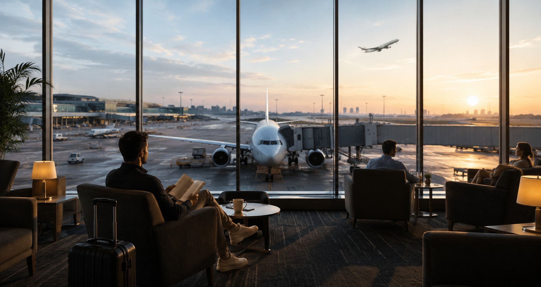 Călător într-un lounge de aeroport privind spre pista de decolare